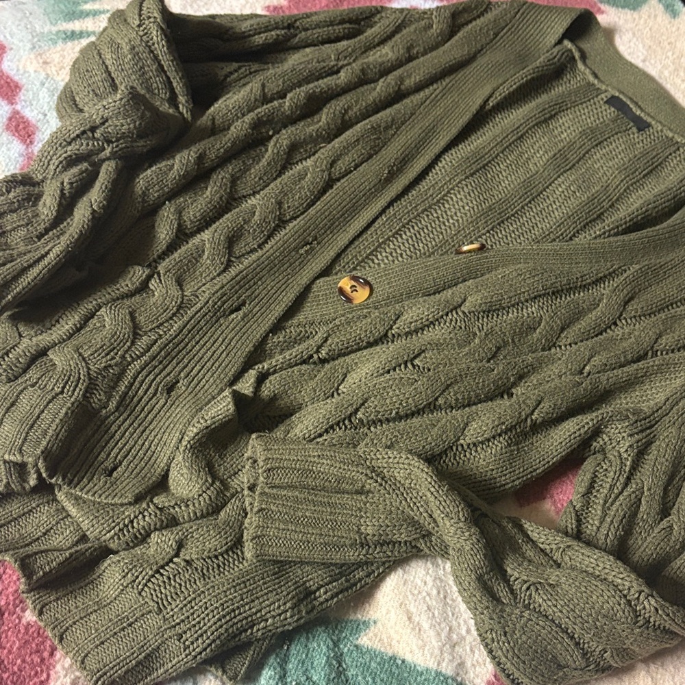 Olive Cable Knit Cardigan Sweater